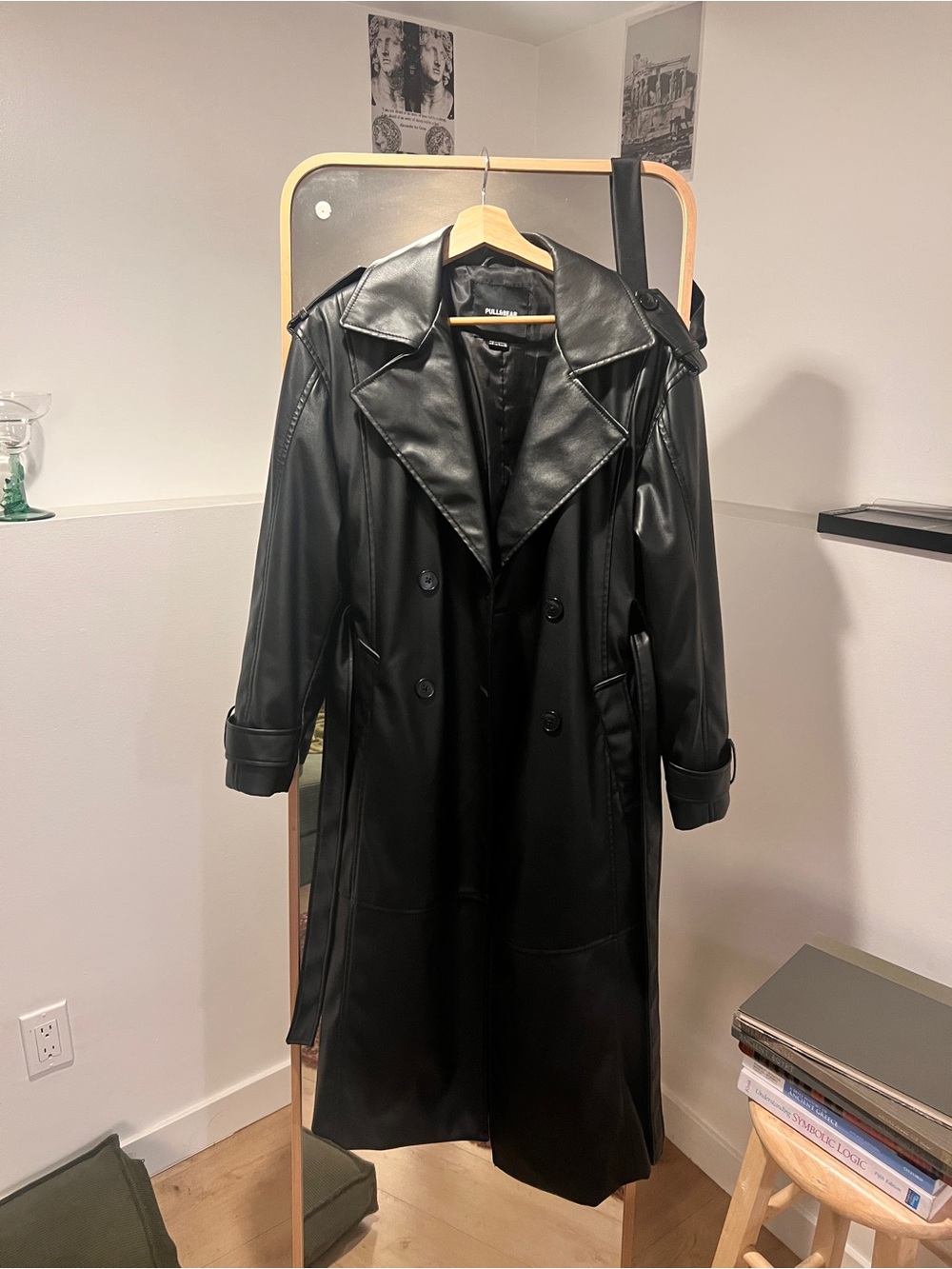 Pull&Bear Black Faux Leather Trench Coat with Wide Lapels